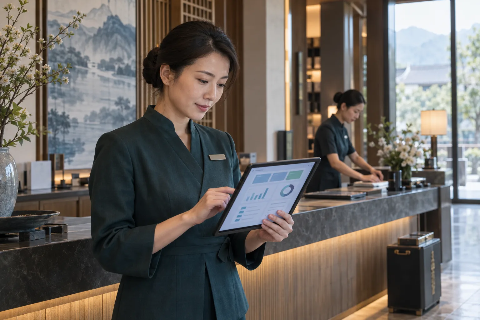 AI 创作示意:酒店运营人员在营业前查看今日预约与待办