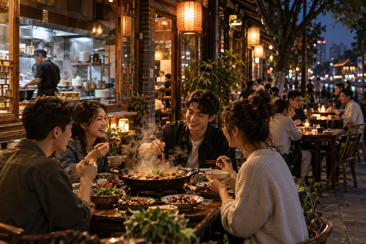 AI 示意：夜色中的街边餐厅，朋友围桌享用热菜