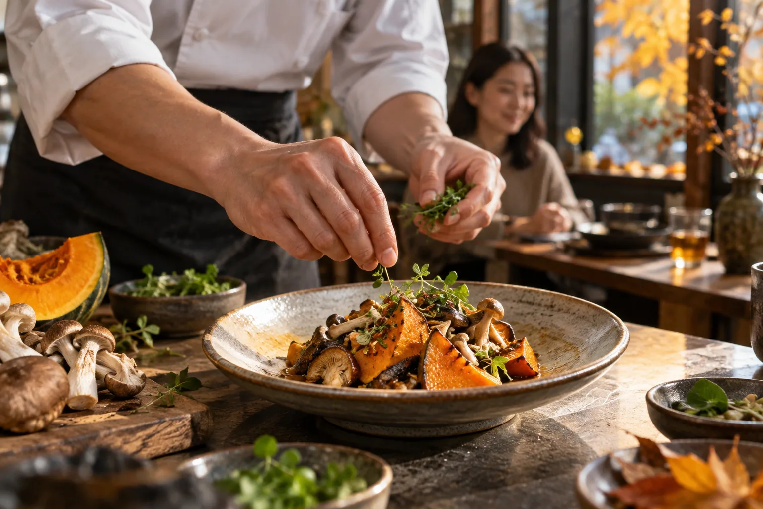 AI 示意：厨师用秋季食材为新品摆盘